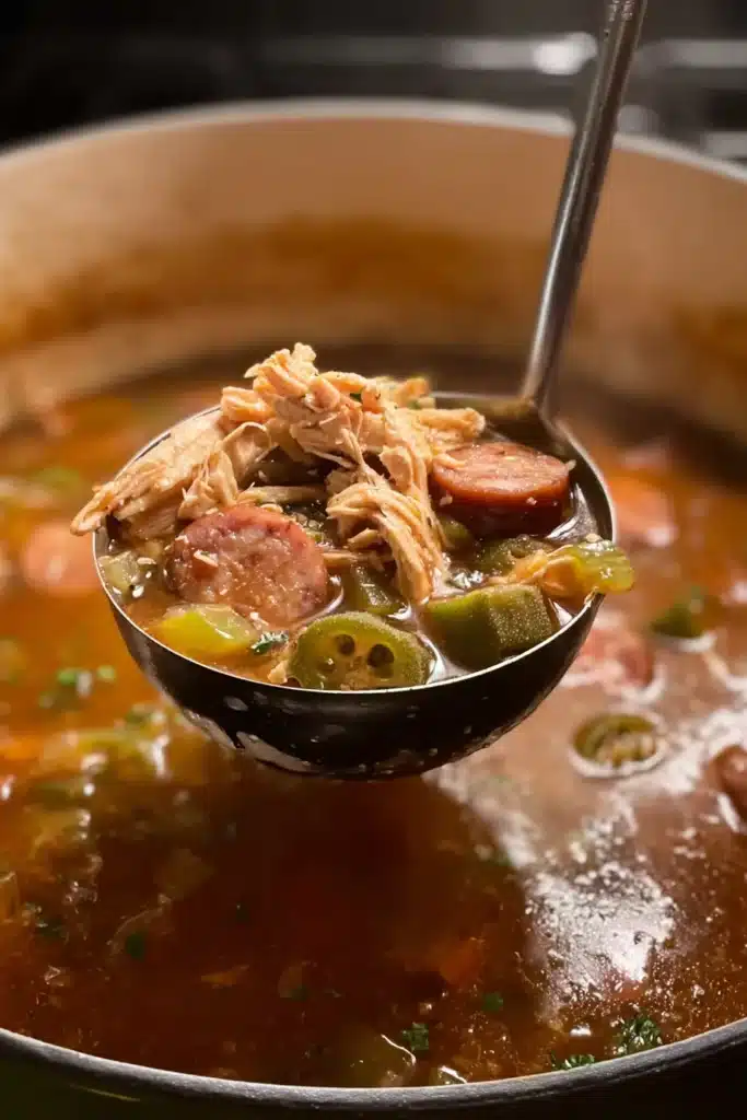 Ladle of chicken and sausage gumbo with shredded chicken and sausage