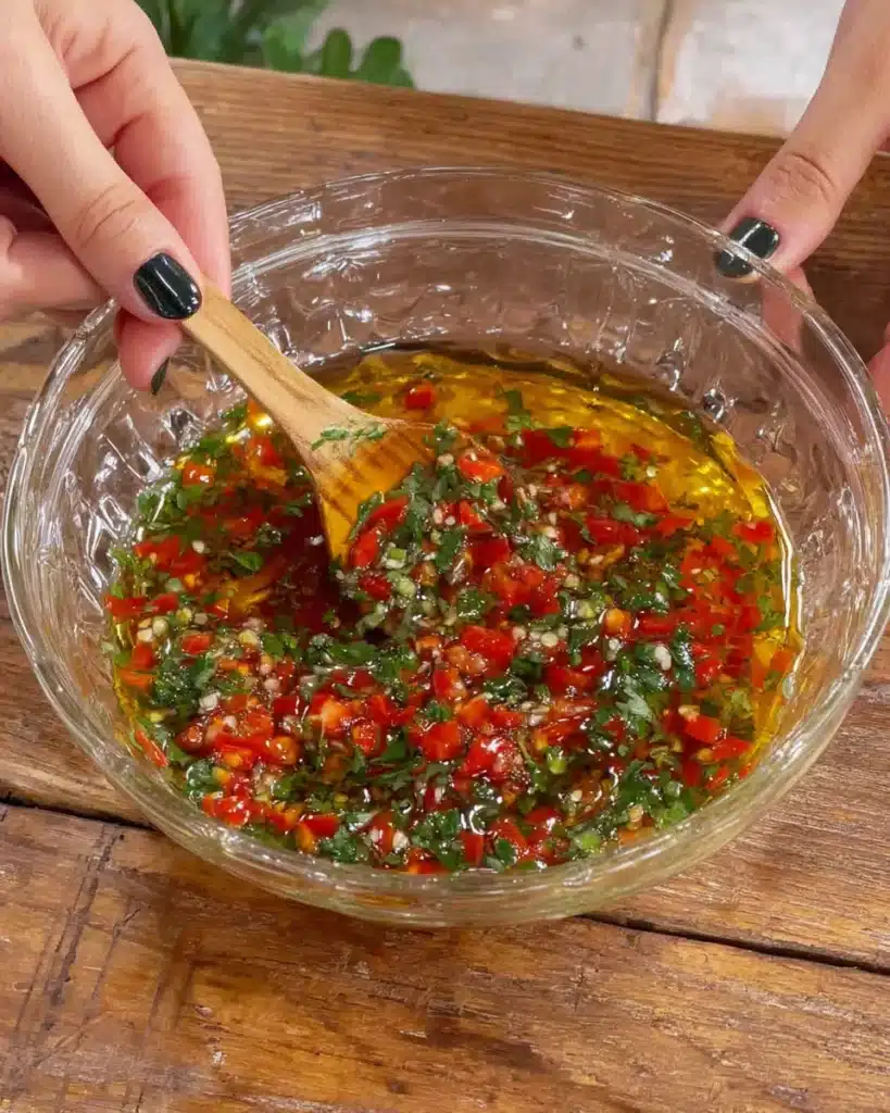 stirring marinade of herbs oil and peppers for marinated cheese