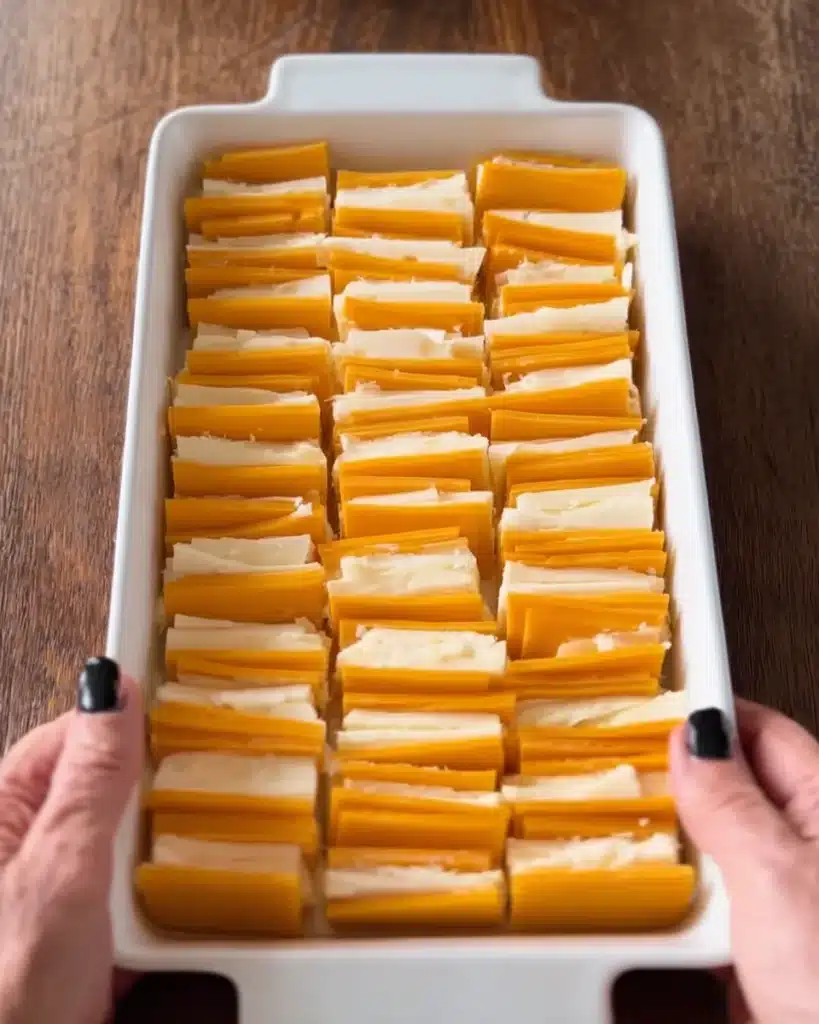 layered cheddar and white cheese in a white dish before marinating