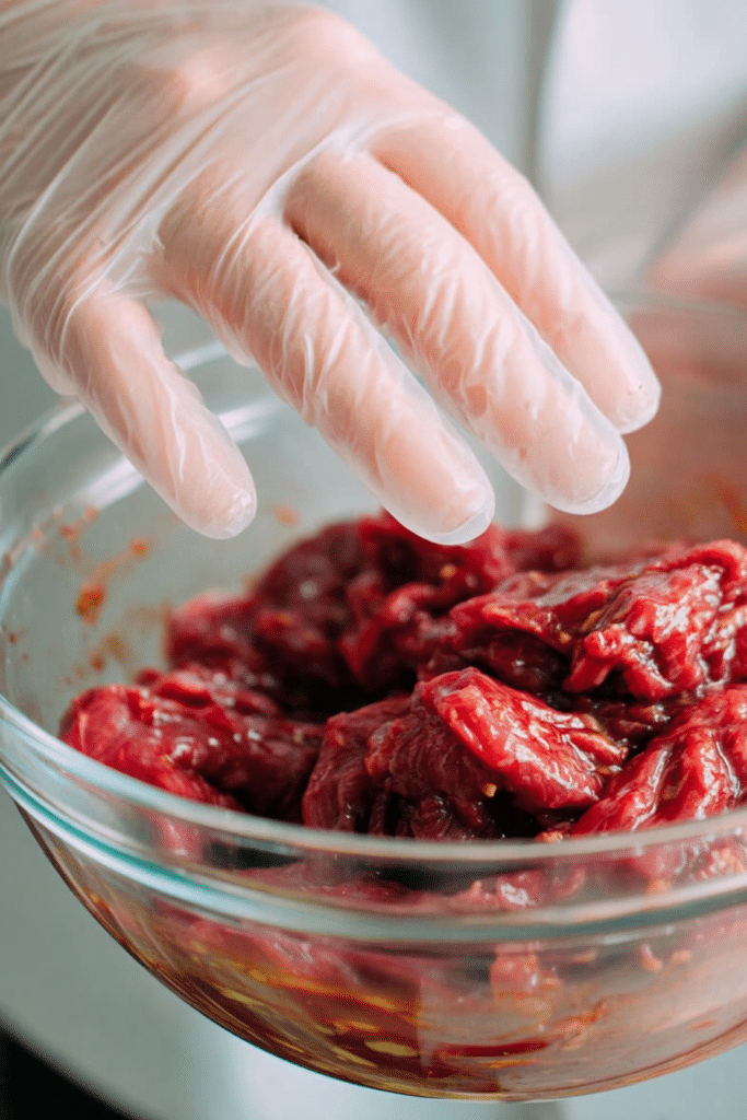 Hand marinating sliced beef for Chinese beef and broccoli in a glass bowl
