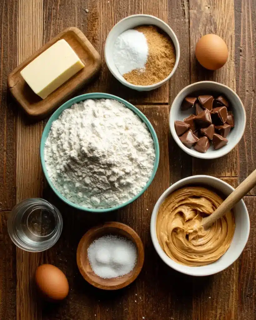 Ingredients for peanut butter blossom bars laid out on wooden table