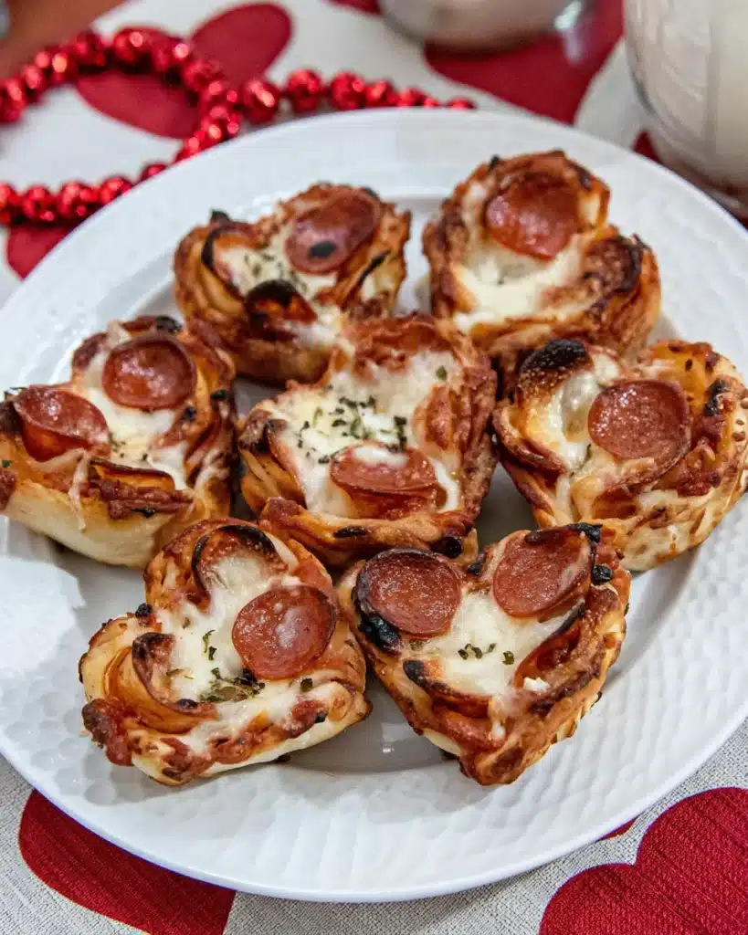 pizza roses for valentine’s day with pepperoni and cheese on white plate