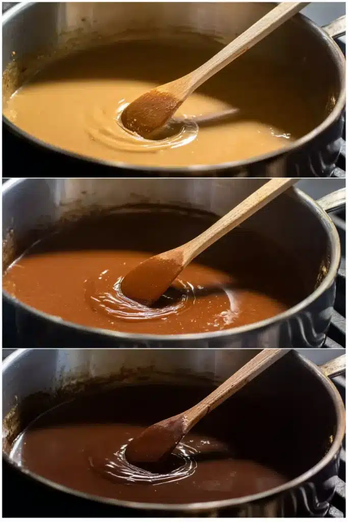 Three stages of roux for chicken and sausage gumbo from blond to dark brown