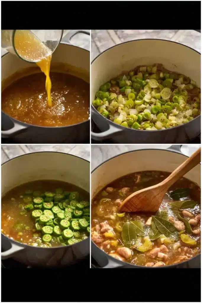 Simmering chicken and sausage gumbo with broth okra and bay leaves