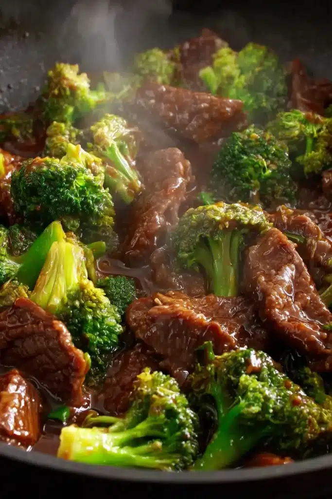 Chinese beef and broccoli stir fry simmering in sauce with steam