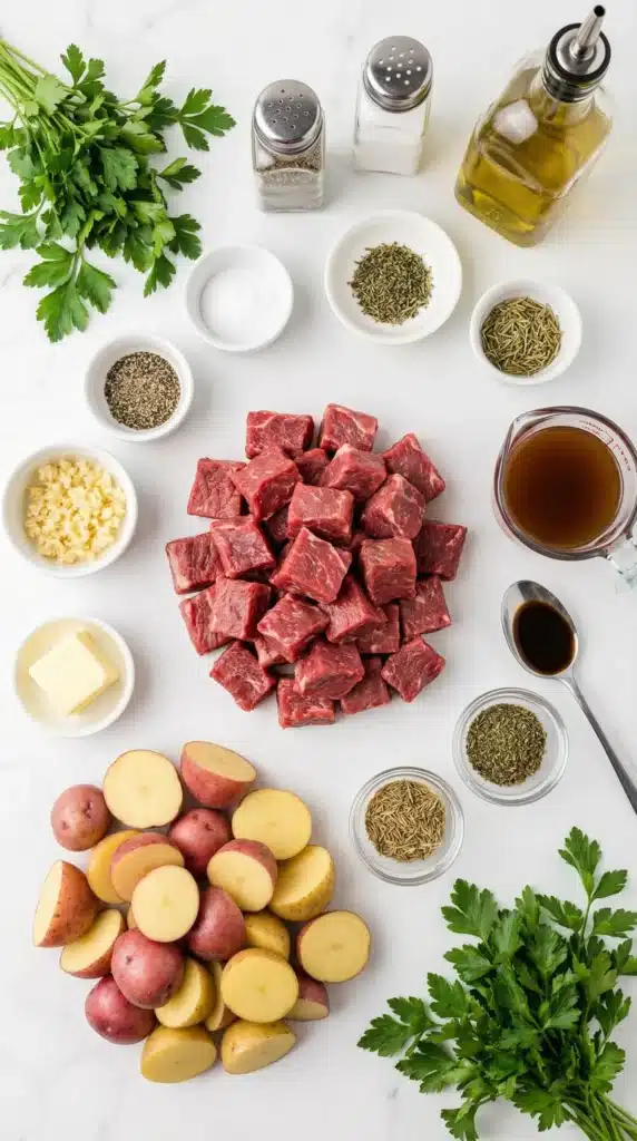 Ingredient to make Slow cooker garlic butter beef bites with potatoes in a rustic setting.