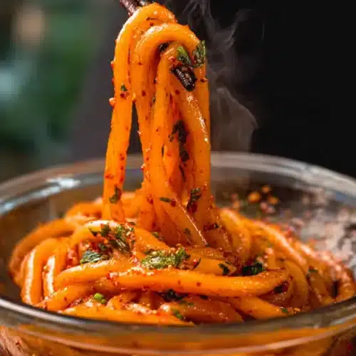 Spicy potato noodles lifted from a glass bowl with chopsticks and spoon