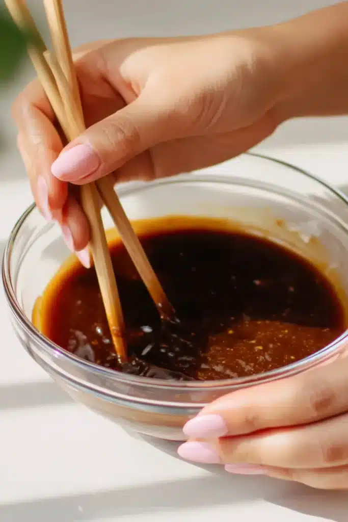 Hands stirring stir fry sauce for Chinese beef and broccoli in a glass bowl