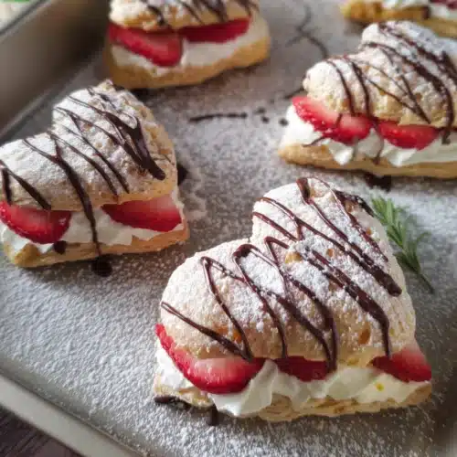 heart shaped strawberry cream puffs with whipped cream and fresh strawberries