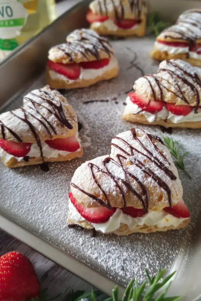 heart shaped strawberry cream puffs with whipped cream and fresh strawberries