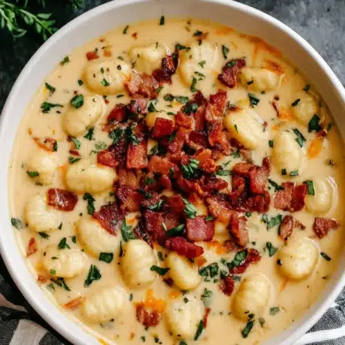 Delicious bacon cheddar gnocchi soup perfect for winter nights.