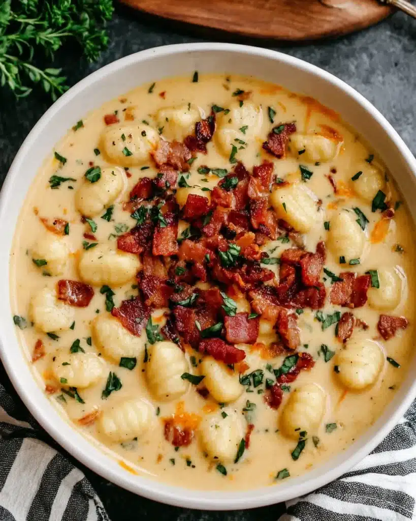Delicious bacon cheddar gnocchi soup perfect for winter nights.