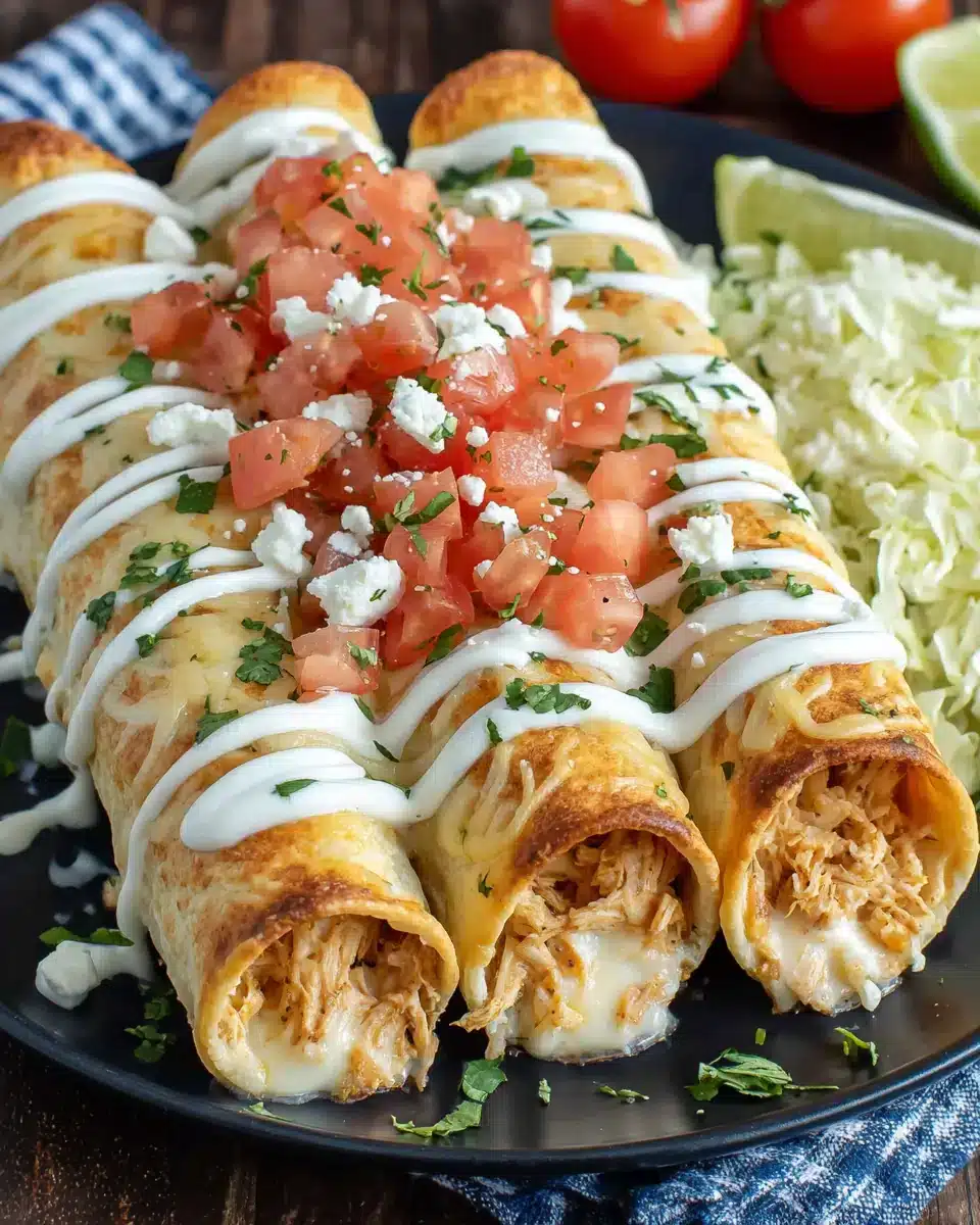 Delicious baked cream cheese chicken taquitos on a plate with toppings.