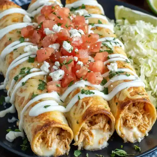 Delicious baked cream cheese chicken taquitos on a plate with toppings.