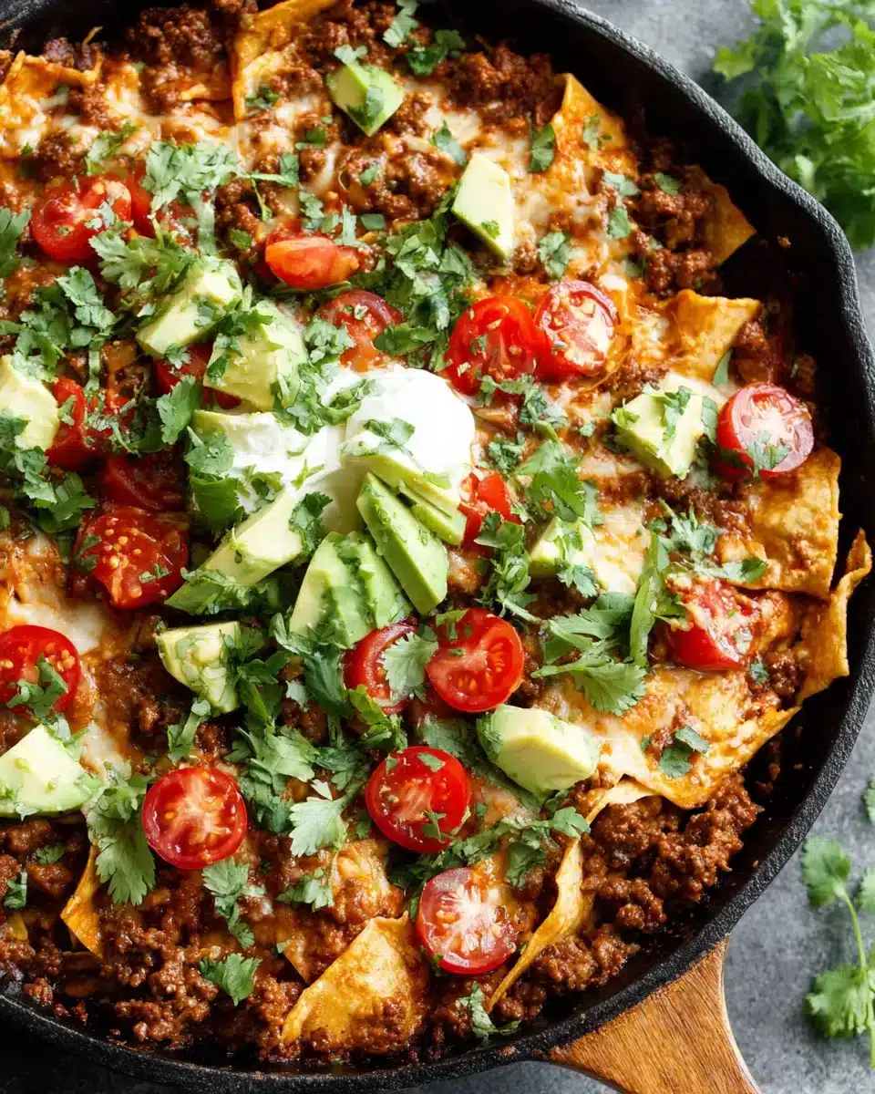 Savory beef skillet enchiladas with fresh toppings including cilantro and avocado.