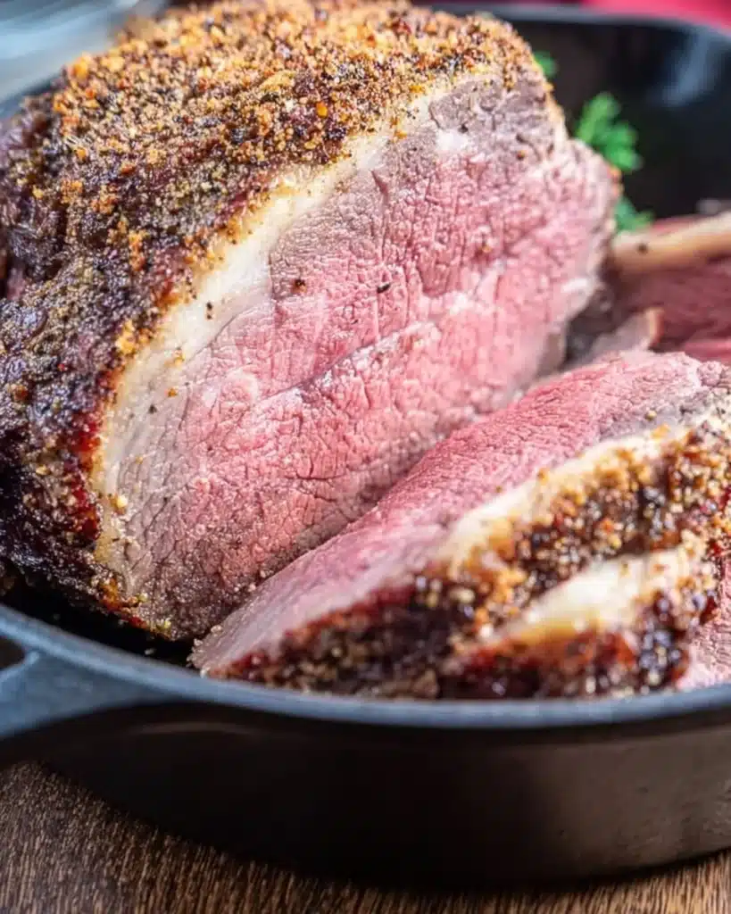 sliced bottom round roast in cast iron skillet with crisp crust