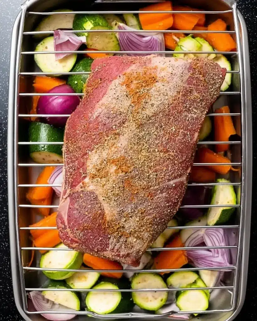 raw seasoned bottom round roast in pan with fresh vegetables