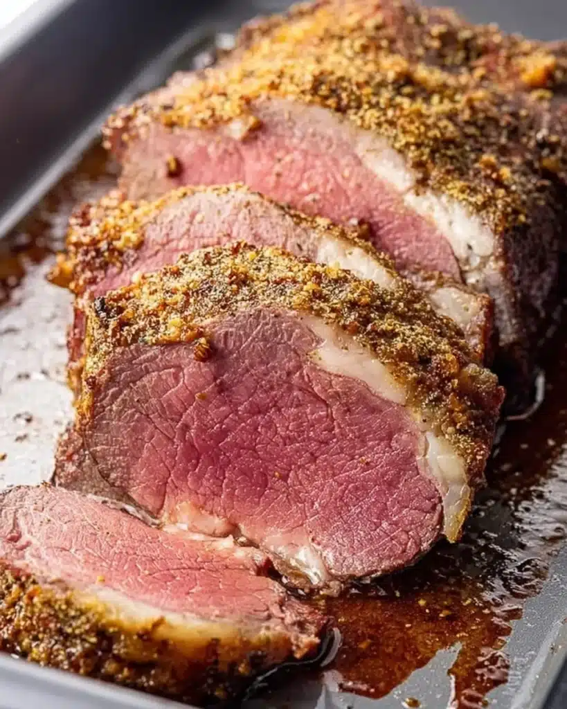 sliced bottom round roast in pan with juicy center and crust