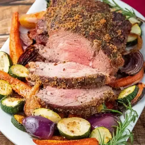bottom round roast sliced on platter with roasted vegetables and rosemary