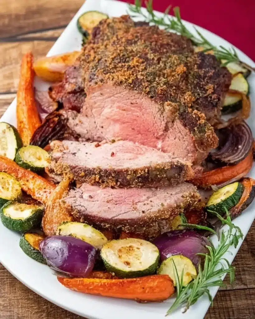 bottom round roast sliced on platter with roasted vegetables and rosemary