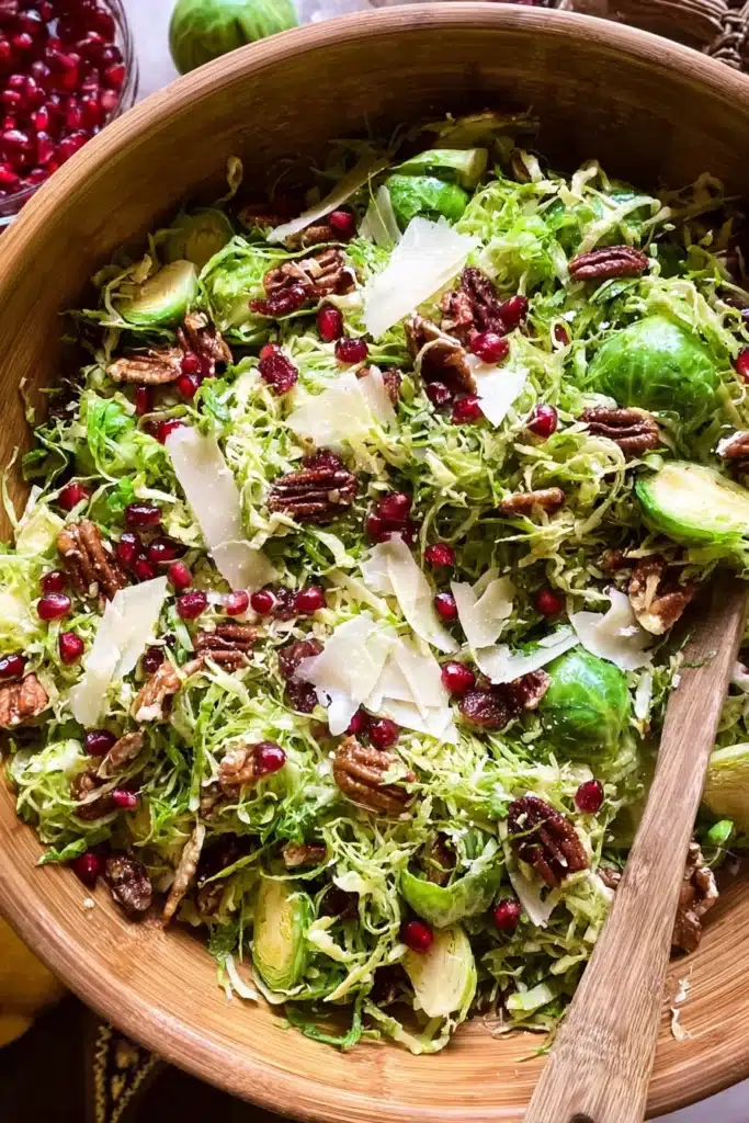 brussels sprout salad with pomegranate candied pecans and parmesan in bamboo bowl