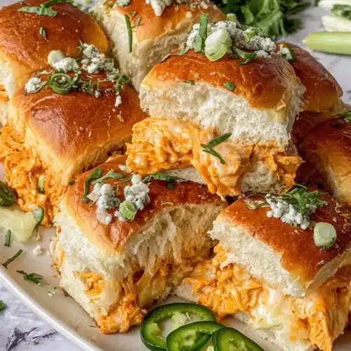 Delicious buffalo chicken sliders for game day and parties.