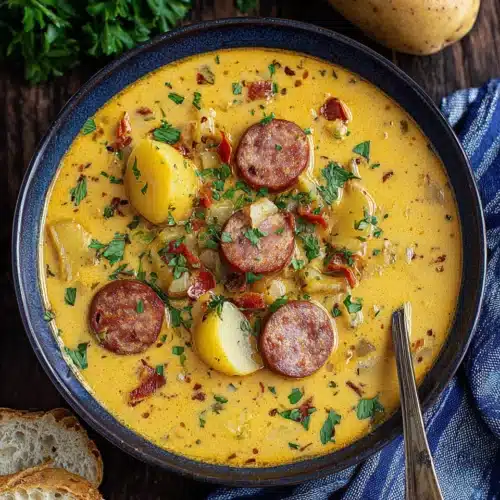 Delicious cajun potato soup with sausage and potatoes.