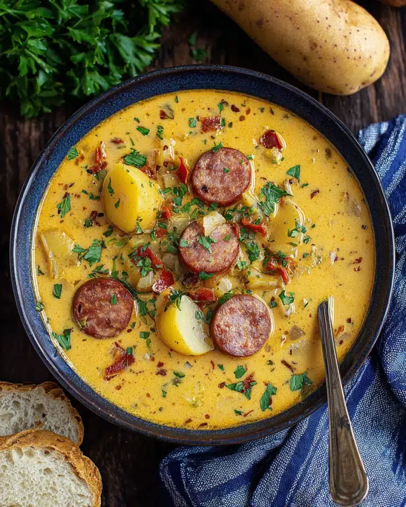 Delicious cajun potato soup with sausage and potatoes.