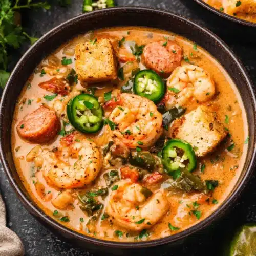 Delicious cajun white chicken chili with shrimp and spices.