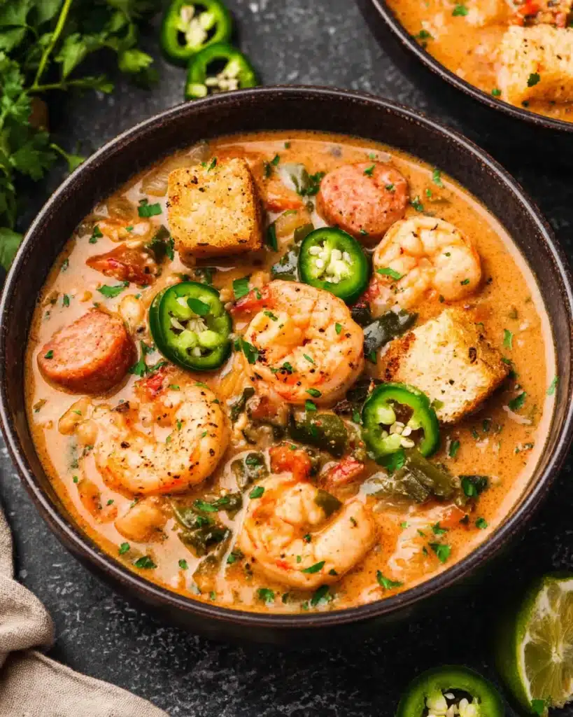 Delicious cajun white chicken chili with shrimp and spices.