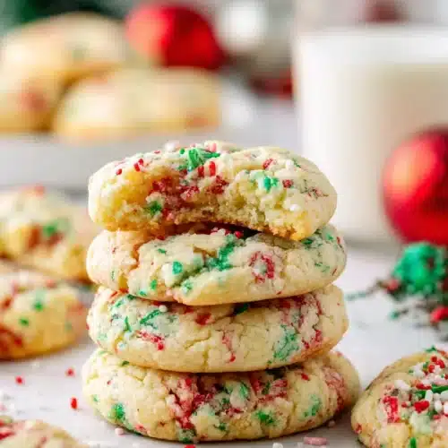 stacked Christmas gooey butter cookies with sprinkles and milk