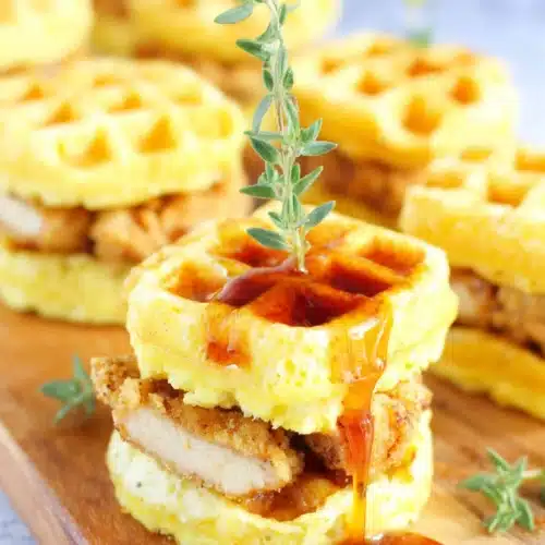 Delicious chicken and waffle sliders ready to serve.