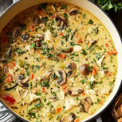 Delicious chicken mushroom soup made with creamy ingredients.