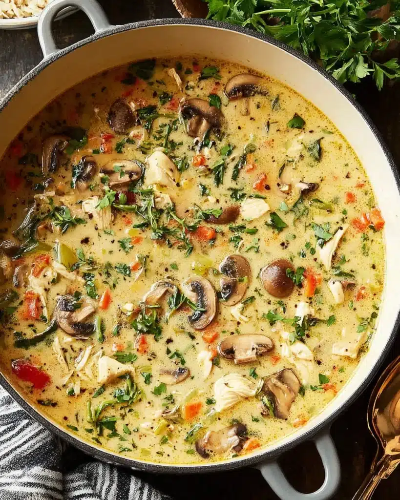 Delicious chicken mushroom soup made with creamy ingredients.