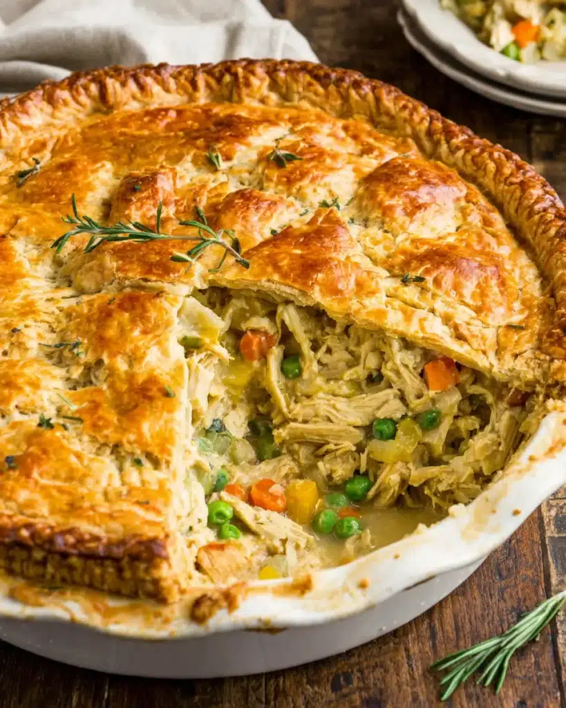 Chicken pot pie recipe with a flaky crust and creamy filling.
