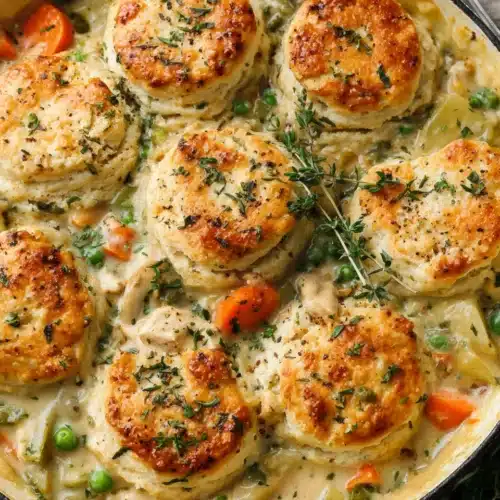 Delicious chicken pot pie with biscuits for a comforting family meal.