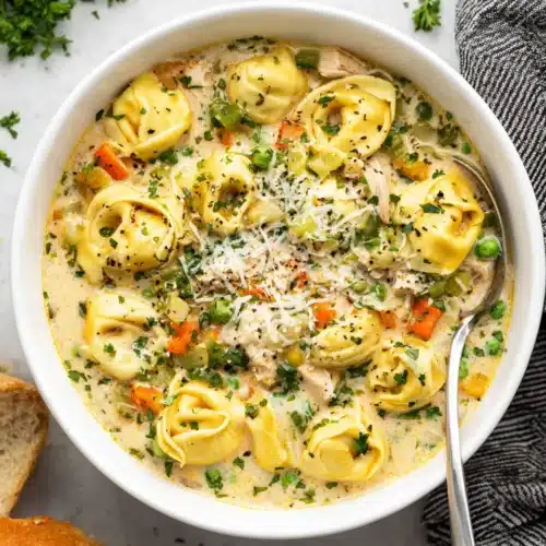 Creamy chicken tortellini soup packed with wholesome ingredients.