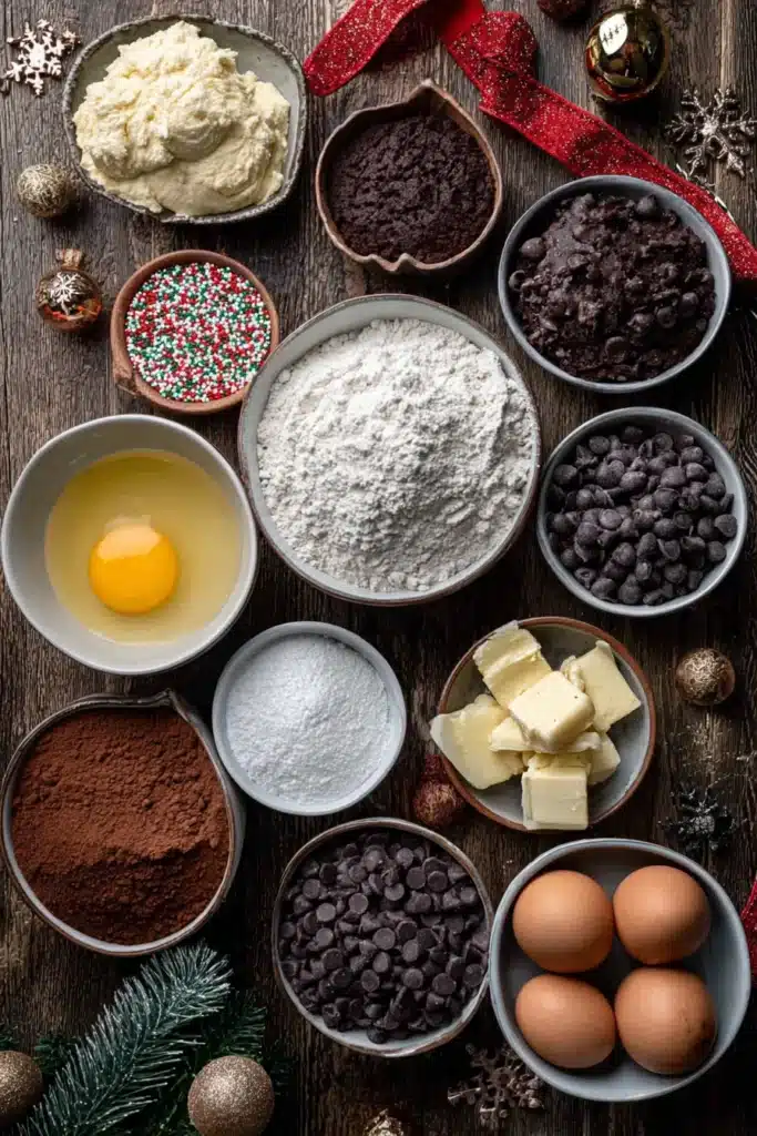 ingredients for chocolate thumbprint cookies with holiday decor
