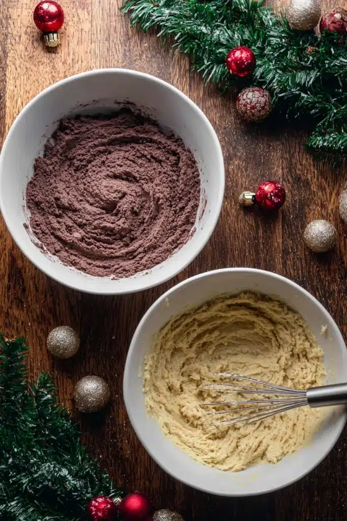 side by side mixing bowls for chocolate thumbprint cookie dough