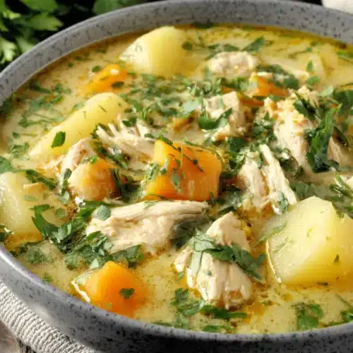 Comforting chicken soup with potatoes, perfect for chilly nights.