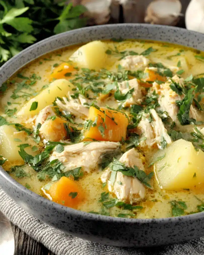 Comforting chicken soup with potatoes, perfect for chilly nights.