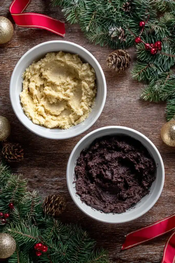chocolate thumbprint cookie dough before and after cocoa is added