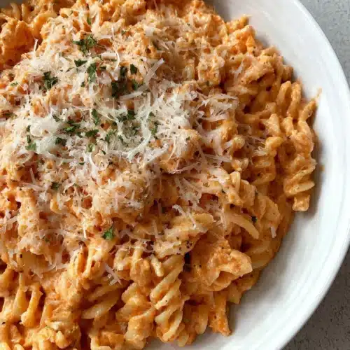 Creamy cottage cheese pasta dish with parmesan cheese.