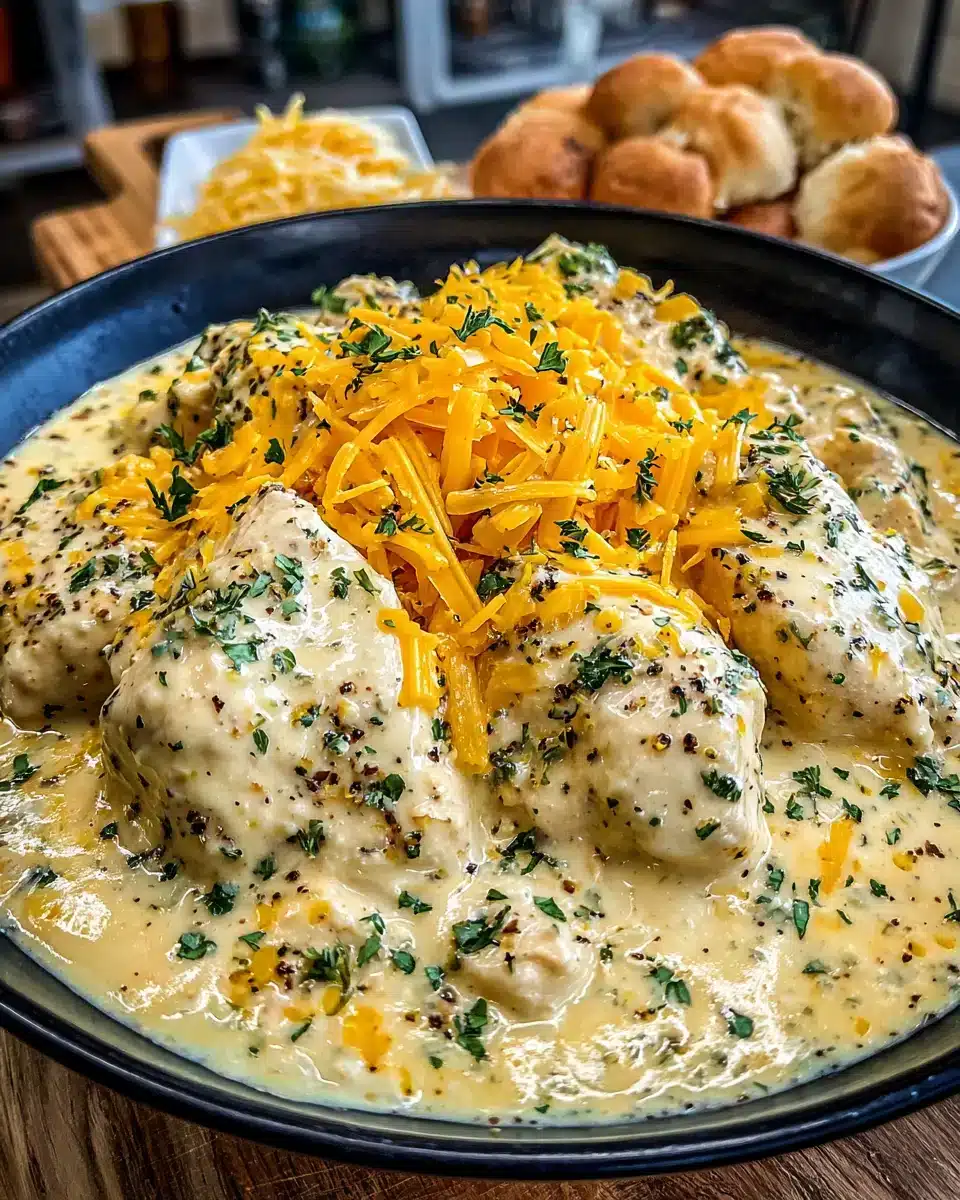 Delicious creamy ranch chicken crockpot with cheese topping.