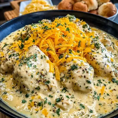 Delicious creamy ranch chicken crockpot with cheese topping.