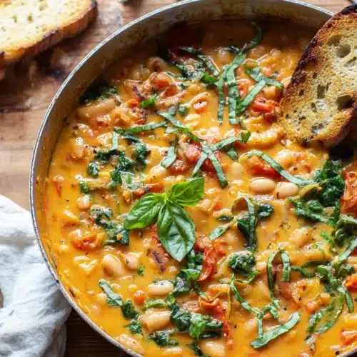 hand dipping toasted bread into creamy tomato white bean stew with basil
