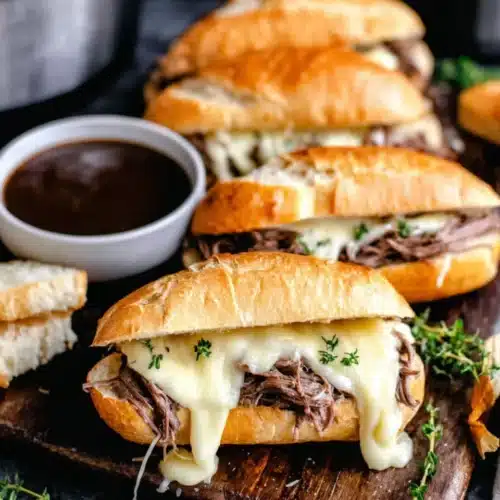 Delicious crock pot french dip sandwiches with savory beef and provolone.