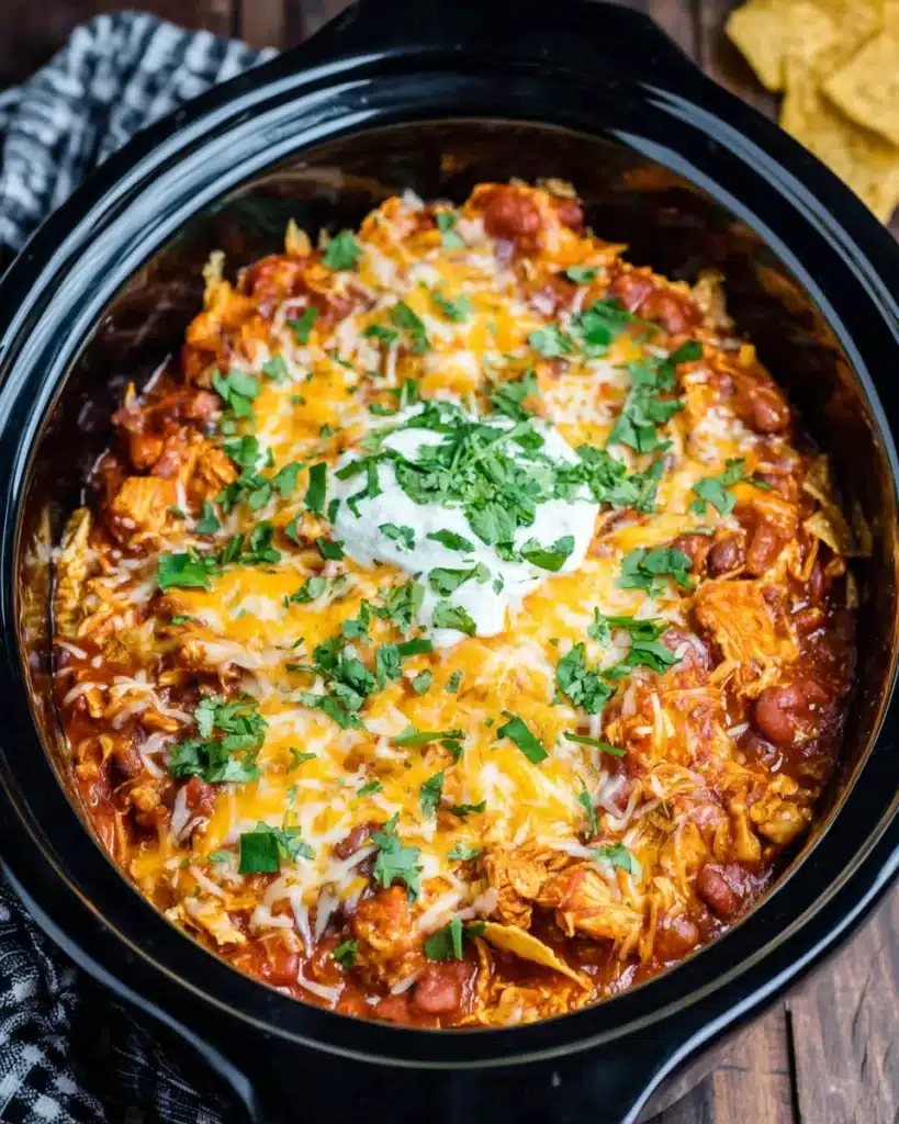 Delicious crockpot chicken enchilada casserole in a black slow cooker.