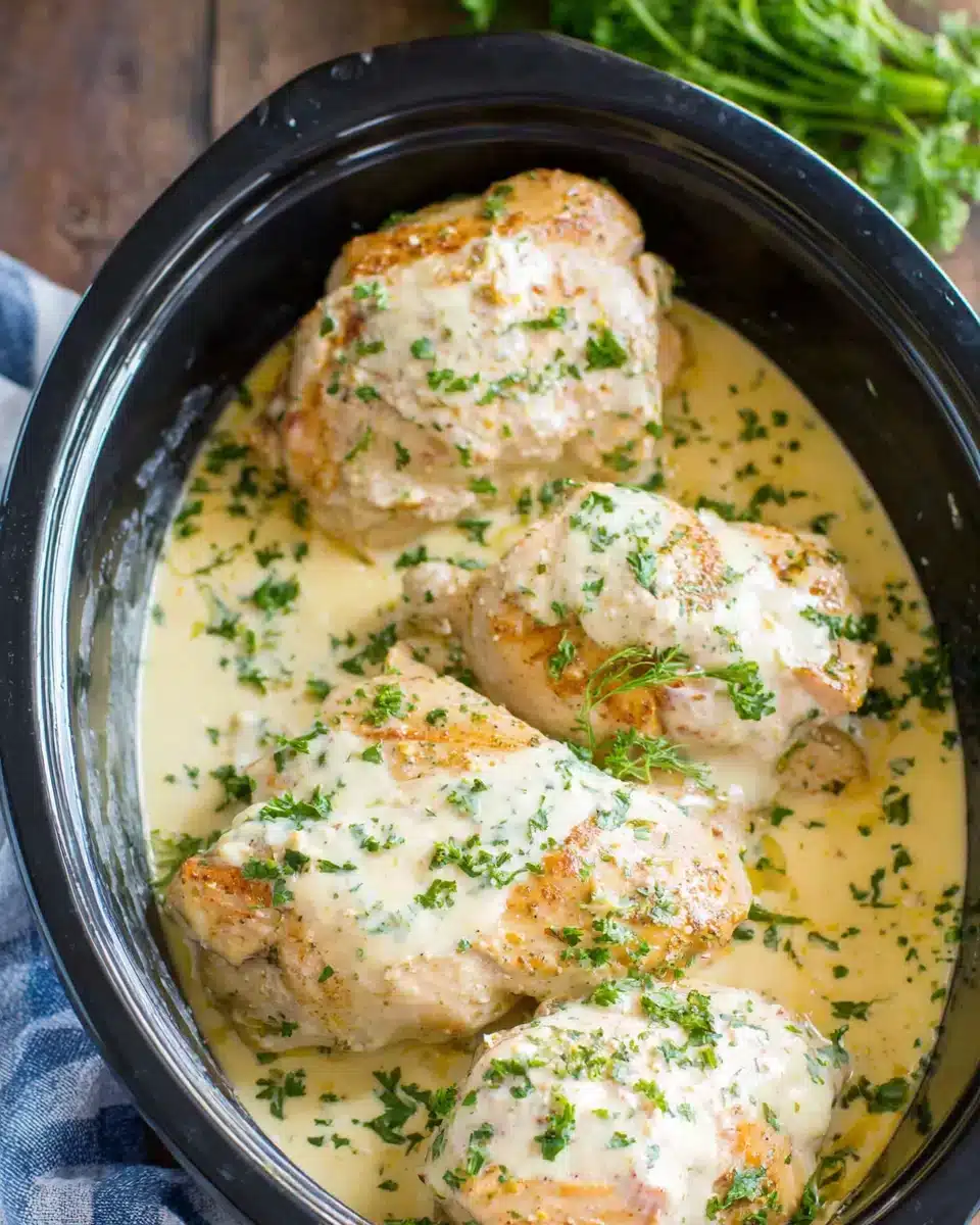 Crockpot Marry Me Chicken preparation with chicken breasts and sauce.