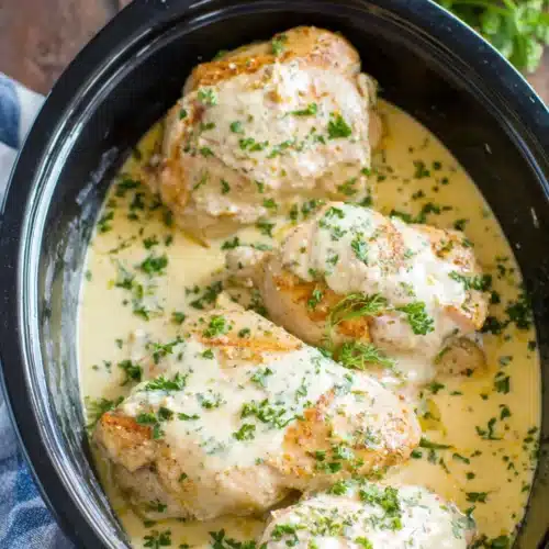 Crockpot Marry Me Chicken preparation with chicken breasts and sauce.